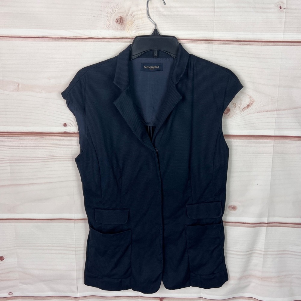 Piazza Sempione Jacket Womens IT 44 M Blue Cap Sleeve Pocket Collar Snap Blazer